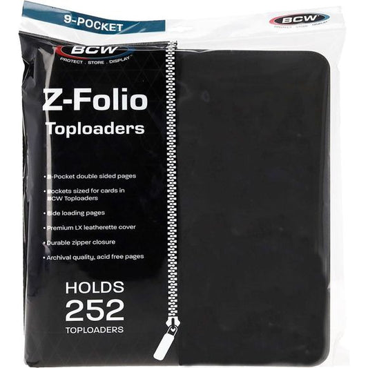 The BCW Z-Folio LX has 9-pocket pages sized to hold 252 toploaders. It works great for sports cards, trading cards, and gaming cards that have been inserted in 3x4, standard-thickness toploaders. The folio has a leatherette cover with stitched edges. A durable zipper ensures that cards will not fall out of your album. Unlike a binder with removable pages, our double-sided, archival-safe, polypropylene pages are welded into the album.