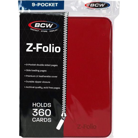 The BCW Zipper-Folio-LX will accommodate 360 cards and features a padded leatherette front and back cover with contrasting colored stitching and wrap around zipper. Side-loading pockets deter the cards from sliding out of place. It works great for sports cards, trading cards, and gaming cards and works with soft-sleeves, Deck Guards, and double-sleeved Deck Guards. Unlike a binder with removable pages, our premium, double-sided, archival safe polypropylene pages are welded into the album and will not harm t