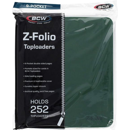 The BCW Z-Folio LX has 9-pocket pages sized to hold 252 toploaders. It works great for sports cards, trading cards, and gaming cards that have been inserted in 3x4, standard-thickness toploaders. The folio has a leatherette cover with stitched edges. A durable zipper ensures that cards will not fall out of your album. Unlike a binder with removable pages, our double-sided, archival-safe, polypropylene pages are welded into the album.