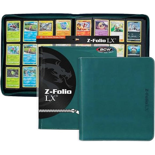 The BCW zipper-folio-lx will accommodate 480 cards and features a padded leatherette front and back cover with contrasting colored stitching and wrap around zipper. Side-loading pockets deter the cards from sliding out of place. The 12-pocket pages are ideal for arranging cards in playsets of four. It works great for sports cards, trading cards, and gaming cards and works with soft-sleeves, deck guards, and double-sleeved deck guards. Our premium, double-sided, archival safe polypropylene pages will not har