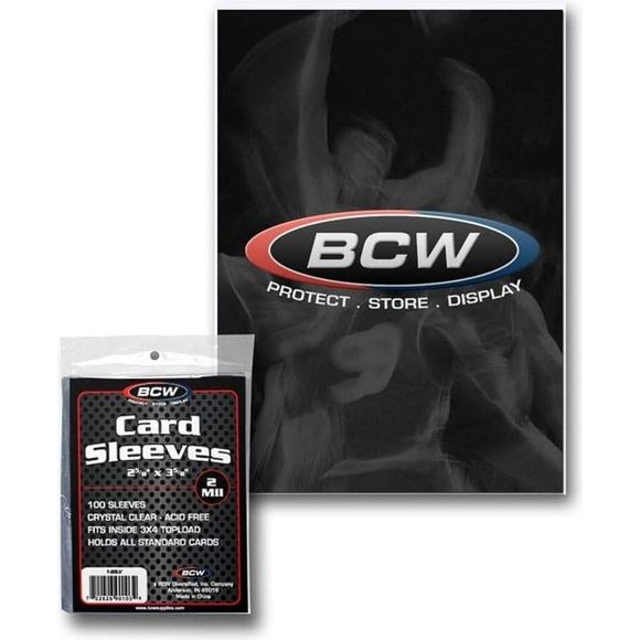 BCW Card Sleeves are an acid free, archival quality product made of crystal clear polypropylene. Use this protective holder to protect, store and display your collectible trading cards like; baseball cards, basketball cards, football cards, hockey cards, YuGiOh, Pokemon, Magic The Gathering, VS, Dragonball Z and others. 100 sleeves per pack.