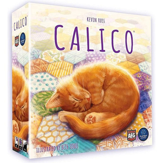 Calico is a puzzly tile-laying game of quilts and cats! In Calico, players compete to sew the coziest quilt as they collect and place patches of different colors and patterns. Each quilt has a particular pattern that must be followed, and players are also trying to create color and pattern combinations that are not only aesthetically pleasing, but also able to attract the cuddliest cats! Turns are simple. Select a single patch tile from your hand and sew it into your quilt, then draw another patch into your