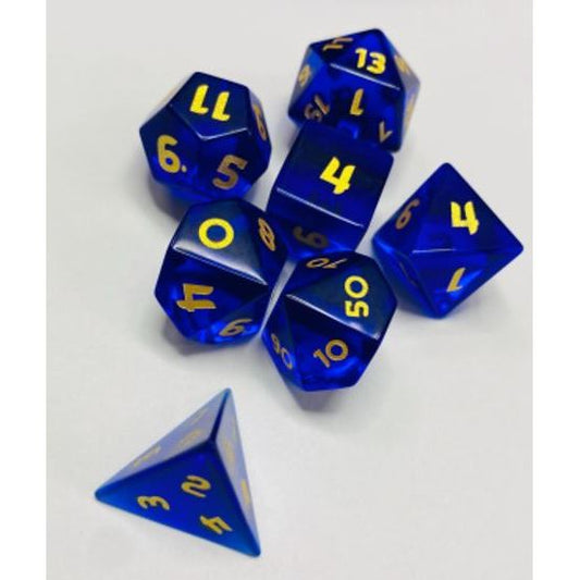 The perfect companion for your gaming needs! These premium, high-end cut stone polyhedral dice are exactly what you've been searching for that upcoming game night with the group. Each set weighs roughly 8 ounces and are stored in a quality, brushed metal tin with foam insert. These dice are a rich quality stone with nice weight to them and engraved each with crisp, easy-to-read numerals. Many styles and colors are available.

This set includes on of each: d20, d12, d10, d10 (percentile), d8, d6, and a d4