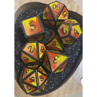 The perfect companion for your gaming needs! These premium die-cast polyhedral dice are exactly what you've been searching for that upcoming game night with the group. Each set weighs roughly 5 ounces and are stored in a quality, brushed metal tin with foam insert. These dice are engraved with crisp, easy-to-read numerals. Many styles and colors are available.

This set includes on of each: d20, d12, d10, d10 (percentile), d8, d6, and a d4 (7 dice in total). All inside the Galactic Toys Dice Tin.