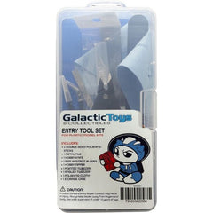 The Galactic Toys Entry Tool Set is suitable for beginner and advanced modelers alike.  Perfect for building various plastic models, papercraft, or other crafts and hobbies.  The entry tool set includes: 2 double-sided polishing sanding sticks, 1 metal file, 1 hobby knife, replacement blades (5) for hobby knife, 1 hobby nipper side cutter, 1 Pointed Straight Tweezer, 1 angled tweezer, 1 polishing cloth, and 1 storage case with plenty of room to add your other tools.