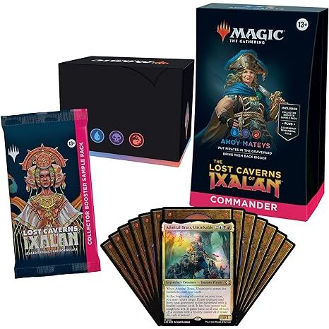 Includes 1 ready-to-play deck of 100 Magic cards (2 Traditional Foil Legendary cards, 98 nonfoil cards), a 2-card Collector Booster Sample Pack (contains 2 alt-border cards, with 1 Traditional Foil or nonfoil card of rarity Rare or higher and 1 Traditional Foil Uncommon card), 1 foil-etched Display Commander (a thick cardstock copy of the commander card with foil etched into the card’s border and art), 10 double-sided tokens, 1 deck box (can hold 100 sleeved cards), 1 Life Wheel, 1 strategy insert, and 1 re
