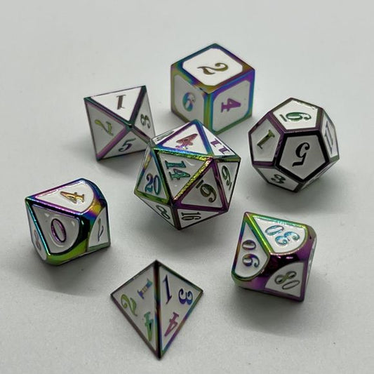 Galactic Dice Premium Dice Sets - NF Dice White & Rainbow (Ver 18) Set of 7 Dice with Tin | Galactic Toys & Collectibles