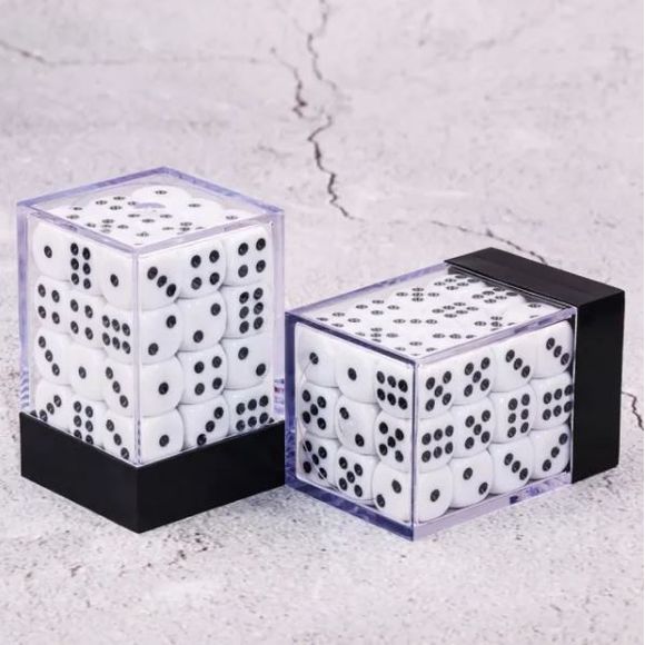 36 individual D6 dice in a container.