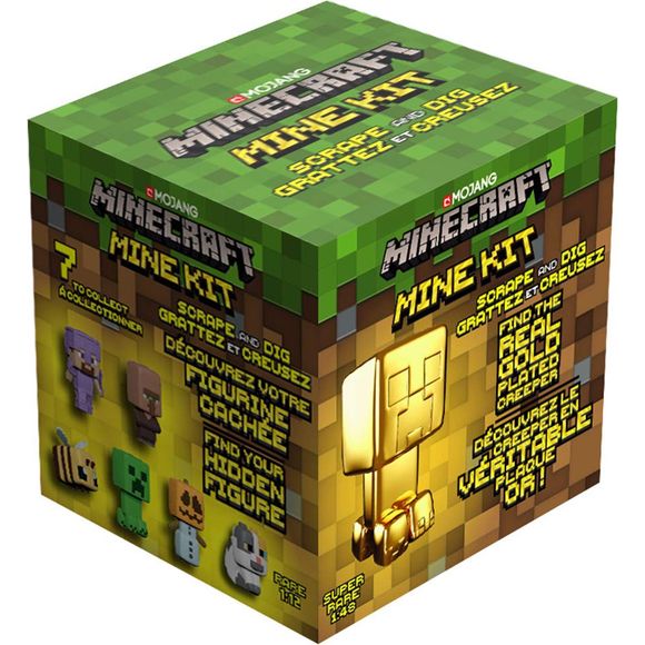 Now you can mine in real life with the officially-licensed Minecraft Mine Kit! Dig through the compacted sand to reveal one of 7 Minecraft mini-figures, with the chance to uncover a rare real gold-plated Creeper, found in 1 of every 48 mine kits. Shaped like a Minecraft Spawn-Egg, this kit includes compacted sand, 1 mini-figure prize, and a pick axe digging tool. Keep mining to collect them all! Get your pick axe and start mining! This mine kit is designed to be challenging and fun. It will take dedication