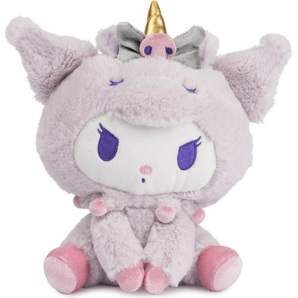 Hello Kitty and friends are here to bring a little magic to playtime! Kuromi looks less mischievous than usual as a soft, cuddly pastel purple unicorn with rainbow details. This 6-inch plush features Kuromi in a sitting pose, wearing her signature black outfit style with velvety-soft pink hooves that match her skull bow and the soft pink baubles on her iconic jester’s hat. Her eye-catching, shiny gold metallic horn and sleepy unicorn embroidered eye details make this plush a unique piece for collectors and