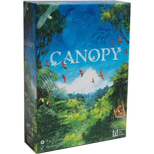 Canopy is a game where players compete to grow the most bountiful rainforest. The jungle ecosystem is full of symbiosis, and players must grow tall trees and lush jungle plants to attract the most diverse wildlife. Each time you look at a pile, you may select it and add those cards to your rainforest tableau, or return the pile face down, adding one additional card to it. As the piles grow, you must search for the plants and animals that will benefit your forest the most, but choose carefully as the jungle