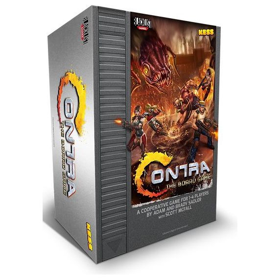 Contra: The Board Game is a 1-4 player card and dice driven strategy/action board game based on the classic video game and designed by Adam and Brady Sadler. Inspired by the classic Contra video game, players take on the role of iconic commandos that must survive dangerous stages and face off against huge bosses as they strive to take down a mysterious organization. Focusing on quick, modular gameplay, Contra: The Board Game lets players choose which commando decks they want to pit against which boss decks,