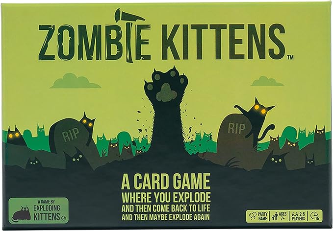 Check out Zombie Kittens, a fun game for adults and families. This standalone version is compatible with expansions and addresses the game's biggest issue since 2015: Player Resurrection. Enjoy unexpected twists, suspense, and hilarity as you navigate through the explosive world. Outwit opponents, strategize, and experience the thrill with friends and family.