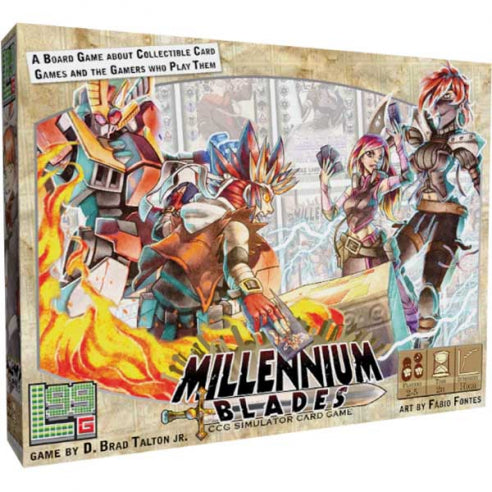 Millennium Blades is a CCG-Simulator -- A game in which you play as a group of friends who play the fictional CCG "Millennium Blades". In this game you will build decks, play the meta, acquire valuable collections, crack open random boosters, and compete in tournaments for prizes and fame.