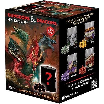 Introducing the D&D Mini-Dice Cup - Blind Box, launching this Fall! Each box includes a shot glass-style dice cup featuring one of eight sculpted iconic D&D characters and a mini 7-piece polyhedral dice set. With 24 different dice sets to collect, including acrylic and sharp-edged resin, fortify your epic D&D campaigns and unbox every one. Discover three tiers - Common, Rare, and Legendary - with the most coveted of glasses featuring a metal sculpt. Packaged in colorful tuck boxes, they make perfect gifts f