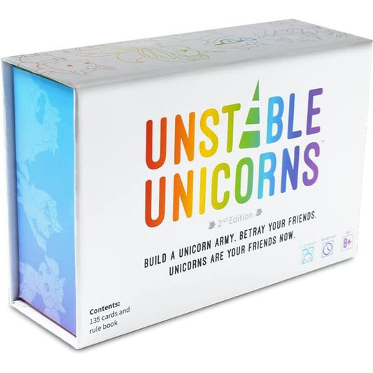 Build a Unicorn Army. Betray Your Friends. Unicorns are Your Friends Now. Unstable Unicorns is a strategic card game that will destroy your friendships...but in a good way. The game was one of Kickstarter’s top 100 most backed projects of all time and won the 2019 People’s Choice Award for Toy of the Year.