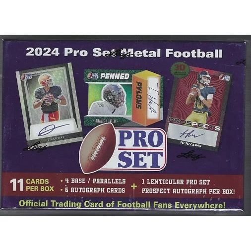 Pro Set Metal Football makes its triumphant return for 2024! Along with a checklist that includes the top young college and pro talent on the gridiron, 2024 Pro Set Metal Football will also feature some of the greatest legends and superstars in the game today including Joe Namath, Josh Allen, Barry Sanders and more! In addition to a stellar autograph insert set that includes the return of lit and pro set portraits, you can find the all-new die-cut penned pylons, dynamic du-pros dual autographs and a one-per