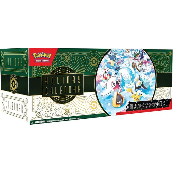 25 Days of Pokemon TCG Surprises! Celebrate the season with 25 days of surprises in the Pokemon TCG: Holiday Calendar! From special foil cards to booster packs and more, theres a different Pokemon goodie to open every day. The Pokemon TCG: Holiday Calendar includes 25 surprises to discover: 8 foil Pokemon TCG cards with a festive stamp, 5 Pokemon TCG booster packs, 7 Pokemon TCG 3-card fun packs, 2 Pokemon coins, 2 Pokemon sticker sheets, 1 sidekick dangler featuring Chien-Pao, Plus, find a code card for Po