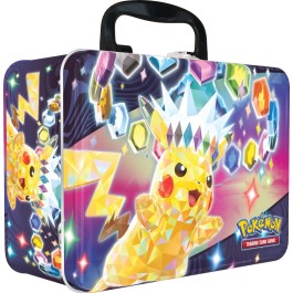 A Treasure Chest Packed with Pokemon! This sturdy metal case contains more than a dozen special Pokemon goodies, including some not found anywhere else. The Pokemon Trading Card Game: Collector Chest includes: 6 Pokemon TCG booster packs (2 Surging Sparks, 3 Stellar Crown 1 Twilight Masquerade), 3 foil cards featuring Pikachu, Dipplin, and Teal Mask Ogerpon, 1 Pokemon coin featuring Terapagos, 4 colorful sticker sheets, A mini portfolio to store your favorite cards, and A code card for Pokemon TCG Live.