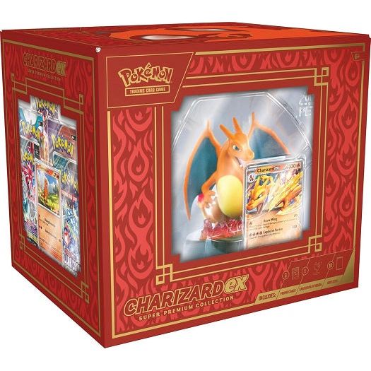 Charizard Guards Your Favorite Card! With explosive attacks and huge HP, Charizard ex has a commanding presence on the battlefield! Bring that burning tenacity to life on your desk, bookcase, or nightstand with an awesome Charizard figure featuring translucent fire effects to show off a favorite card-like the foil Charmander, Charmeleon, or Charizard ex you also get in this collection! Even more fun awaits in a stack of 10 booster packs from different Pokemon TCG expansions. The Pokemon TCG: Charizard ex Su