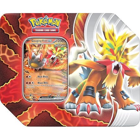 Ancient & Future Pokemon ex Charge into Battle! More Paradox Pokemon from the past and future arrive in the Pokemon TCG for a destined battle surpassing time itself! The Ancient Pokemon Gouging Fire ex and Raging Bolt ex show their primordial prowess, while the Future Pokemon Iron Boulder ex and Iron Crown ex demonstrate metallic mastery. In this Paradox Destinies Tin, youll find a promo card featuring one of these four Paradox Pokemon, additional allies to add to the fray with 5 booster packs, and a code c