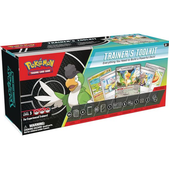 The Pokémon TCG: Trainer’s Toolkit includes more than 50 useful cards to power up your decks: dozens of Trainer cards, 4 Special Energy cards, and 6 Pokémon, including 2 copies of Squawkabilly ex.
The Pokémon TCG: Trainer’s Toolkit also comes with 4 Pokémon TCG booster packs, 65 card sleeves, and a Deck Builder’s Guide.
You will also receive 6 damage-counter dice, 1 competition-legal coin-flip die, and 2 condition markers.
This also comes with a code card for Pokémon TCG Live.