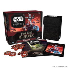 Kick off the next phase of your Star Wars: Unlimited Organized Play experience with this Twilight of the Republic Prerelease Box! In this box, you will find 6 Booster Packs as well as enough tokens and materials for you to launch your journey into Star Wars: Unlimited's third set. The box comes with everything a player would need to participate in your store's prerelease sealed tournament, and even includes exclusive promo versions of the Ahsoka Tano and General Grievous leader cards! Star Wars: Unlimited i