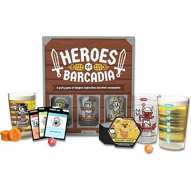 Heroes of Barcadia! This box contains everything you need to play the game (except drinks), including a set of SIX high-quality (and dishwasher safe!) health bar cups, and water-proof dungeon tiles. Build out your dungeon, fight monsters, and collect Power-Ups to advance your abilities. Nice Guys finish last in this fast-paced, ever-changing, pun-tastic party game for everyone! Game Contents: 6 Health Bar Cups, 6 Custom Molded D20 Dice, 57 Waterproof Dungeon Room Tiles, 75 Loot Cards, 25 Power-Ups, 16 Trap