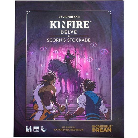 In Kinfire Delve: Scorn's Stockade, players take on the roles of Seekers dispatched to one of the mysterious and magical Wells of Atios. Players must work together as a team to delve to the bottom of the Well and defeat its Master to prevent them from being unleashed upon the world. Set in the world of Kinfire Chronicles, this press-your-luck card game can be enjoyed by fans and newcomers alike.