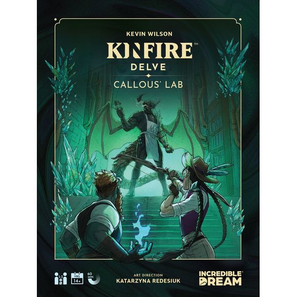 In Kinfire Delve: Callous' Lab, players take on the roles of Seekers dispatched to one of the mysterious and magical Wells of Atios. Players must work together as a team to delve to the bottom of the Well and defeat its Master to prevent them from being unleashed upon the world. Set in the world of Kinfire Chronicles, this press-your-luck card game can be enjoyed by fans and newcomers alike.