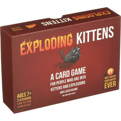 Exploding Kittens is a card game for people who are into kittens and explosions and laser beams and sometimes goats. In this highly-strategic, kitty-powered version of Russian Roulette, players draw cards until someone draws an Exploding Kitten, at which point they explode, they are dead, and they are out of the game -- unless that player has a defuse card, which can defuse the Kitten using things like laser pointers, belly rubs, and catnip sandwiches. All of the other cards in the deck are used to move, mi