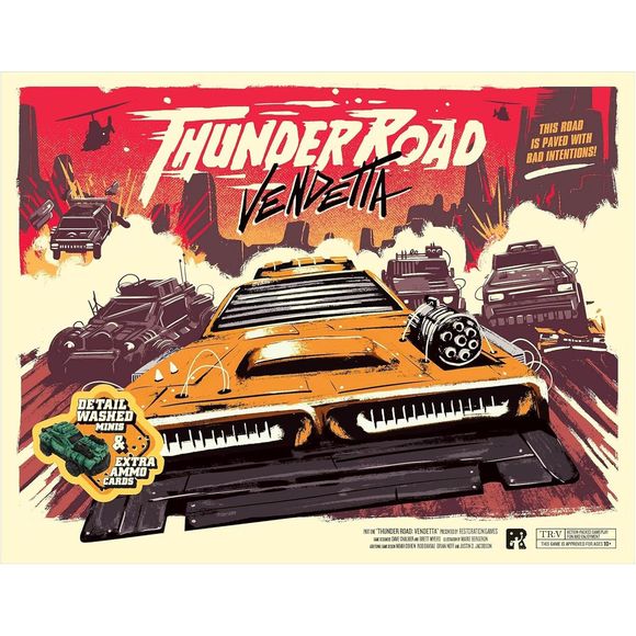 Thunder Road: Vendetta is a revved-up restoration of the classic 1986 game of mayhem on the asphalt. Grab your crew, roll your dice, race your cars, shoot your guns, and try not to get wrecked. This new version features exciting new additions, including random hazard tokens, such as wrecks, oil slicks, and more.Damage isn't merely one and done. Now, you'll draw damage tokens with exciting effects that can send your car careening across the board. You'll also have more choices on your turn, assigning one of