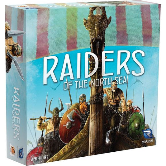 Raiders of the North Sea is set in the central years of the Viking Age. As Viking warriors, players seek to impress the Chieftain by raiding unsuspecting settlements. Players will need to assemble a crew, collect provisions and journey north to plunder gold, iron and livestock. There is glory to be found in battle, even at the hands of the Valkyrie. So gather your warriors, it’s raiding season! The aim of Raiders of the North Sea is to impress the Chieftain by having the most Victory Points (VP) at the game