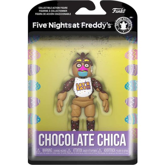 From Five Nights at Freddy', Chocolate Chica, as a stylized Pop! vinyl from Funko! Figure stands 3 3/4 inches and comes in a window display box. Check out the other Five Nights at Freddy' figures from Funko! Collect them all!