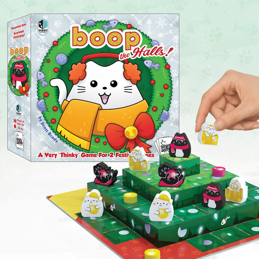 A deceptively cute, deceivingly challenging abstract strategy game for two players. The Mensa award winning, Game of the Year, boop, is back with a new Holiday edition and has really leveled up game play (literally!!). The hoomans are hanging ornaments on the highest boughs of the tree, but those clever cats are leaping up and boopin them right off. You can win Naughty by knocking off 3 of your opponents ornaments or Nice by lining up three cats in a row! The 4-tiered game board tree presents a surprisingly