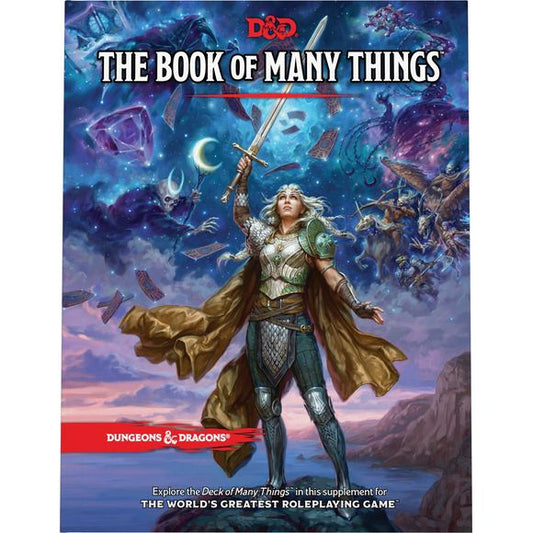 Contents:
The Book of Many Things (192-page hardcover)—A book for players and Dungeon Masters alike with content that can be dropped into any campaign, all thematically tied to The Deck of Many Things
The Deck of Many Things (66-card deck)—Own one of D&D's most legendary magic items with a deck containing the original 22 cards with updated art, plus 44 additional cards that can be substituted to customize your play experience
The Deck of Many Things Card Reference Guide (80-page hardcover)—Deck guide bookle