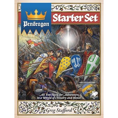 Pendragon is a roleplaying game set in King Arthur's Britain. You take on the role of knights and overcome mythical monsters, rival knights, and other wondrous challenges in search of Glory. This is the time of the Sword in the Stone, of the Boy King and Merlin and their struggles against those who would seize the crown for themselves... and of the flowering of chivalry. What kind of knight are you? Inside This Box - Book I: The Adventure of the Sword in the Stone: Learn the rules for Pendragon as you play