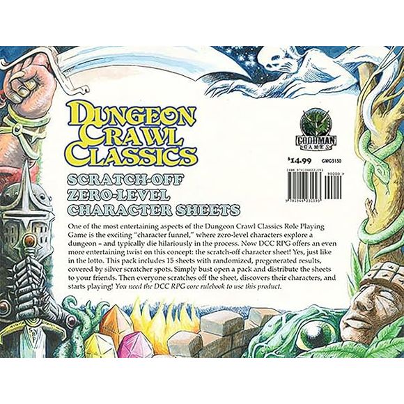 The zero-level character creation funnel is one of the most popular aspects of DCC RPG play. Now we are thrilled to present an even more exciting improvement on that gaming experience! Instead of rolling up 15 0-levels before the game, you can now save time by using these scratch-off character sheets! Yes, scratch-off, just like the lotto. Each character sheet comes with a scratch-off box for each ability score and other key statistics. Before the game, you distribute them to your players. They use a coin t