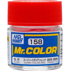 Mr Color paint, suitable for hand brushing & airbrushing, with good adhesion & fast drying is one of the finest scale modelling / hobby paints available. Lacquer, thin with Mr Color Thinner or Mr Color Levelling Thinner. C158 Super Italian Red Gloss. 10ml screw top bottle.

1 - 2 coats are recommended when brush painting
2 - 3 coats when using an air brush - after diluting to a ratio of 1 (Mr.Color) : 1-2 (Mr. thinner).
Mix in 5 - 10% of Flat Base to make glossy colors semi-glossy.
Mix in 10 - 20% of F