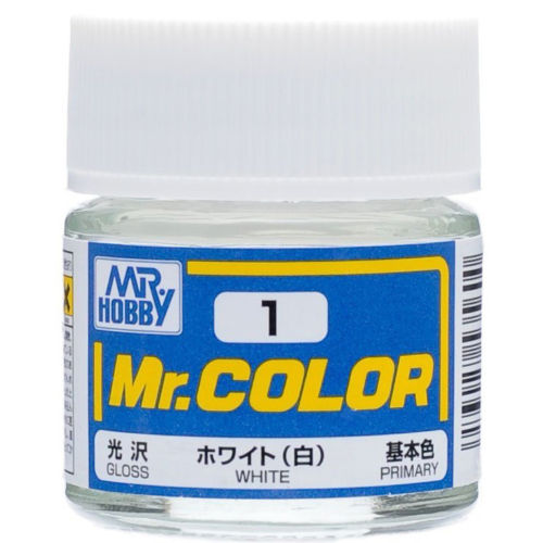 Mr Color paint, suitable for hand brushing & airbrushing, with good adhesion & fast drying is one of the finest scale modelling / hobby paints available. Solvent-based Acrylic, thin with Mr Color Thinner or Mr Color Levelling Thinner. Treat paint as a lacquer. C1 White Gloss Primary. 10ml screw top bottle.

1 - 2 coats are recommended when brush painting
2 - 3 coats when using an air brush - after diluting to a ratio of 1 (Mr.Color) : 1-2 (Mr. thinner).
Mix in 5 - 10% of Flat Base to make glossy colors