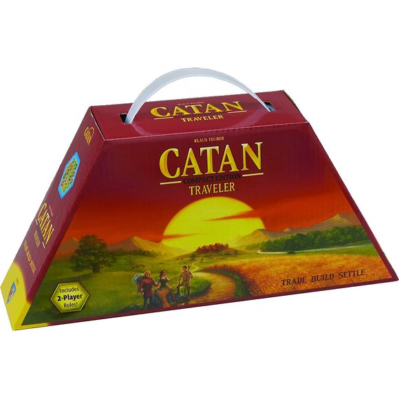 Whether you're on the train, in the ski lodge or picnicking in the woods: This compact edition lets you take CATAN everywhere!  The space-saving box unfolds to reveal the variable board. Roads, settlements and cities are safe in their locking drawers. Cards are held securely in holder trays. Even the dice, thanks to the practical hex-shaped shaker can't get dropped and lost. CATAN compact is handy, fits easily into your luggage and contains all of the components and fun of the "big" CATAN.