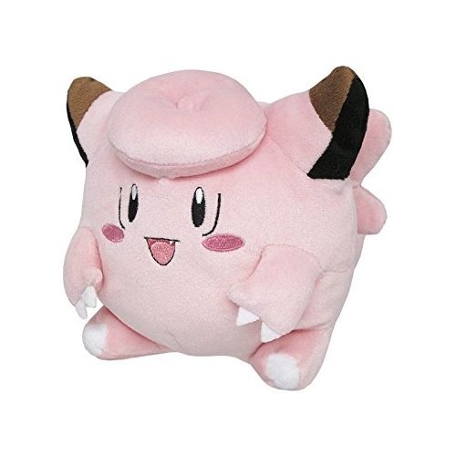 Clefairy is a bipedal, pink Pokémon with a chubby, vaguely star-shaped body. A small, pointed tooth protrudes from the upper left corner of its mouth. It has wrinkles beside its black, oval eyes, dark pink, oval markings on its cheeks, two small wings, and large, pointed ears with brown tips. A tuft of fur curls over its forehead, much like its large, upward-curling tail. Each stocky arm has two small claws and a thumb on each hand, and each of its feet has a single toenail.