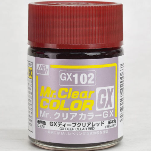 Mr. COLOR paint that features quick drying and strong coating for added appeal. This product displays brighter color development, effectively hides the surface color, and creates a stronger coating. We have also noticed a higher quality finished product without using “toluene” at all. This paint can be mixed with Mr. COLOR currently on the market and used with Mr. COLOR THINNER or LEVELING THINNER for dilution. GX102 Deep Clear Red Primary. 18ml screw top bottle.