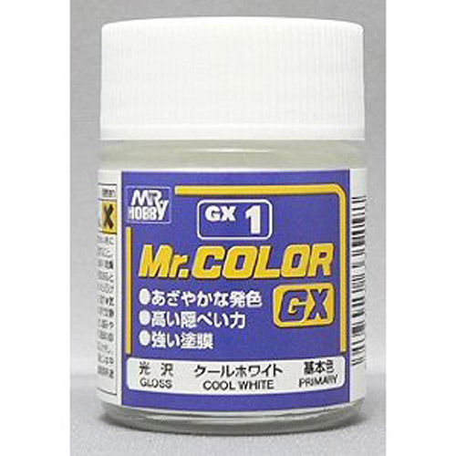 Mr. COLOR paint that features quick drying and strong coating for added appeal. This product displays brighter color development, effectively hides the surface color, and creates a stronger coating. We have also noticed a higher quality finished product without using “toluene” at all. This paint can be mixed with Mr. COLOR currently on the market and used with Mr. COLOR THINNER or LEVELING THINNER for dilution. GX1 Gloss Cool White Primary. 18ml screw top bottle.

1 - 2 coats are recommended when brush pa