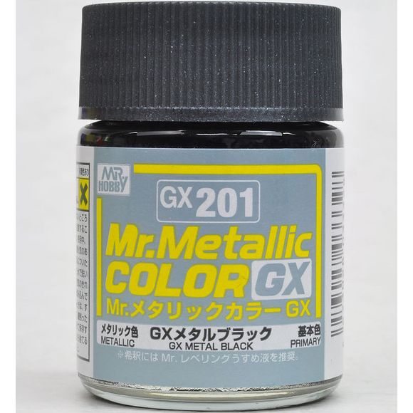 Mr. COLOR paint that features quick drying and strong coating for added appeal.  This paint can be mixed with Mr. COLOR currently on the market and used with Mr. COLOR THINNER or LEVELING THINNER for dilution. GX201 Metallic Black Primary. 18ml screw top bottle.

Continental US Shipping Only, ground transport only.  No Expedited shipping.