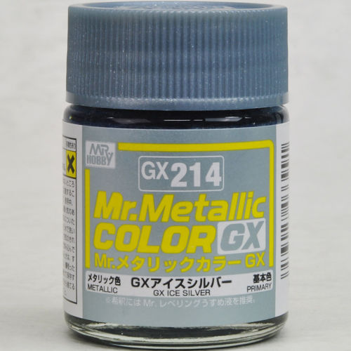 Mr. COLOR paint that features quick drying and strong coating for added appeal.  This paint can be mixed with Mr. COLOR currently on the market and used with Mr. COLOR THINNER or LEVELING THINNER for dilution. GX214 Metallic Ice Silver Primary. 18ml screw top bottle. Continental US Shipping Only, ground transport only. No Expedited shipping..