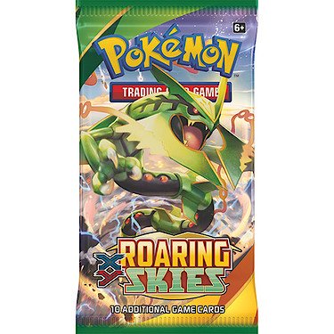 You will receive one booster pack, including 10 cards
Diving from the edge of space, Mega Rayquaza-EX makes its magnificent debut while Mega Latios-EX and a horde of Dragon types bellow their challenge! With high-flying superstars like Deoxys, Dragonite, Zekrom, Hydreigon-EX, and Thundurus-EX, the Pokémon TCG: XY-Roaring Skies expansion calls you to battle higher, faster, stronger-and with all-new boosts like Mega Turbo and Double Dragon Energy cards, the sky's the limit! Ascend to the clouds and soar to v