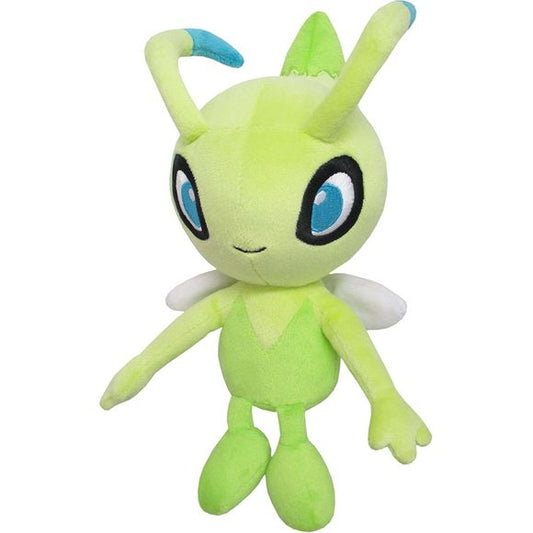 Celebi is a green fairy-like creature. It has round Toeless feet, three-fingered hands, and clear wings on its back. It has a round head that comes to a curved point. It has large baby-blue eyes with thick black rings around them, and a pair of green antennae with blue tips.