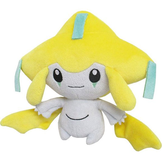 Jirachi is a small, white, humanoid Pokémon. It has short, stubby legs and comparatively longer arms. There are flaps on the underside of its arms, which give the impression of long sleeves. On its belly is a curved seam, which conceals a third eye, known as its "true" eye. Additionally, it has a normal pair of circular eyes on its face, with small, blue triangular markings underneath. On its head is a large, yellow structure with three points extending outward: one from the top and one on either side. On e