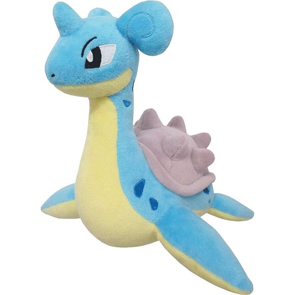 Lapras is a large sea creature that resembles a plesiosaur. It has a spotted, blue hide with a cream underside. Its neck is long, and it has large black eyes. There is a short horn in the middle of its forehead and curled ears placed farther back on its head. Instead of legs, it has four flippers with the foremost pair being larger than the hind. On its back is a heavy, gray shell covered in blunt knobs.